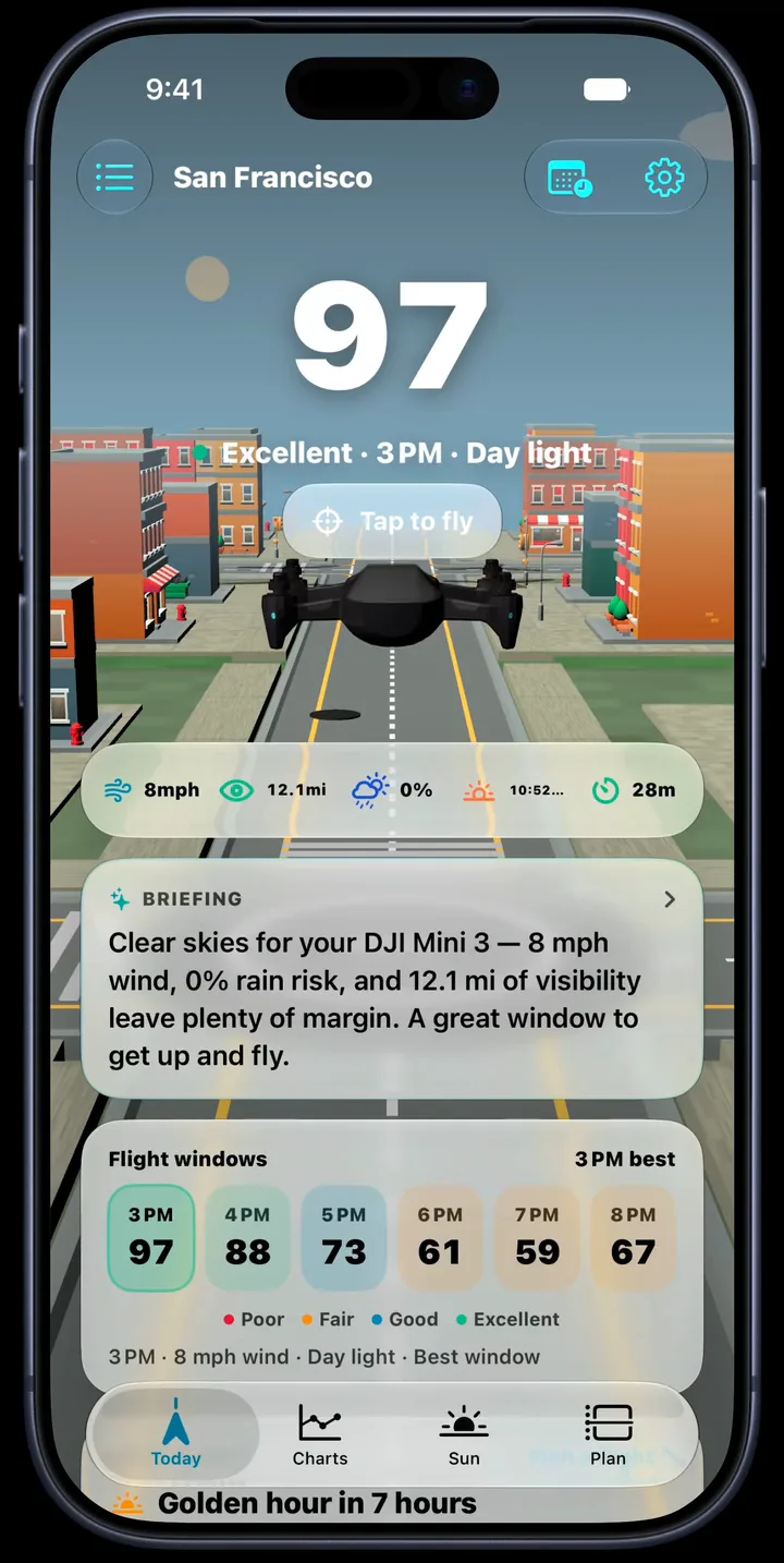 Flyby's iPhone dashboard showing Fly Score, weather conditions, and upcoming flight windows