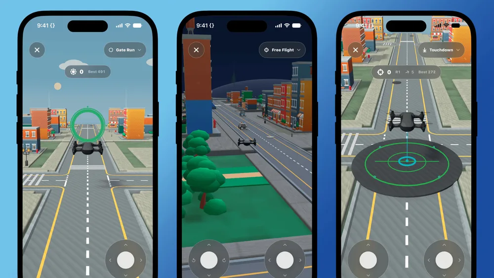Gate Run, Free Flight, and Touchdown displayed side by side on three iPhones