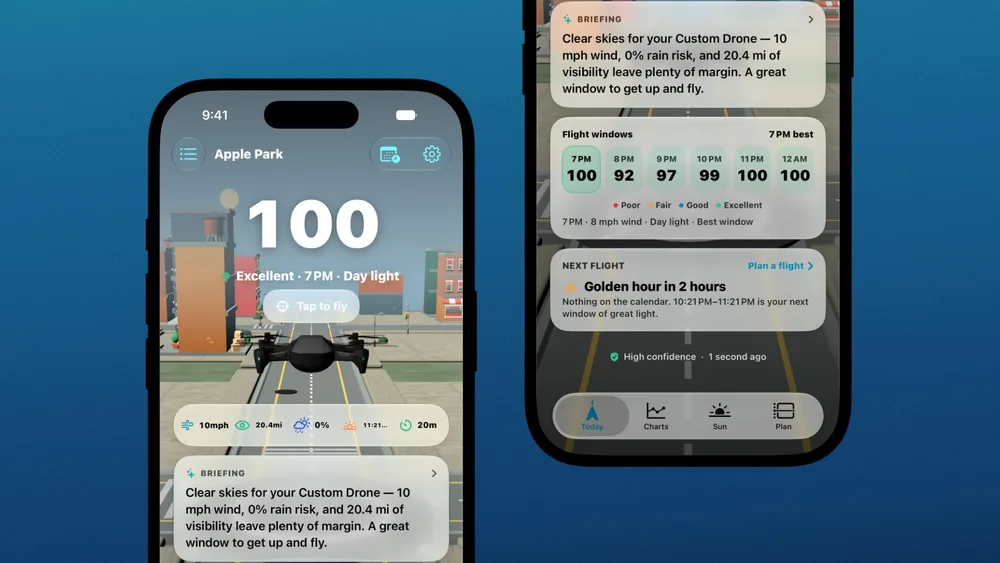 Flyby’s Today dashboard, briefing, and flight windows on two iPhones