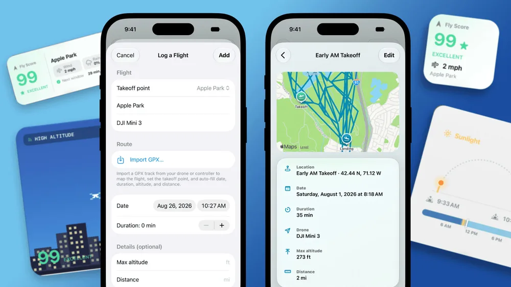 Flight logging and a recorded route, surrounded by Flyby widgets