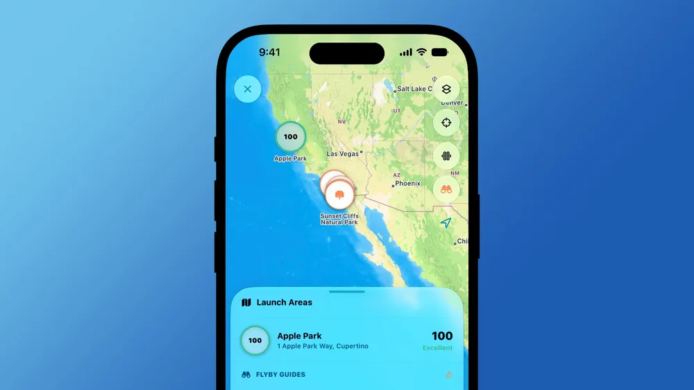 Flyby’s map showing saved launch areas and their flight scores