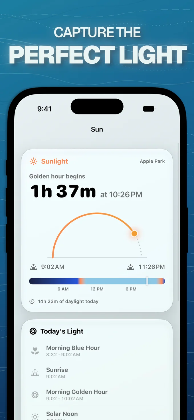 Capture the perfect light: Flyby's Sun view with golden hour timing and the day's light schedule