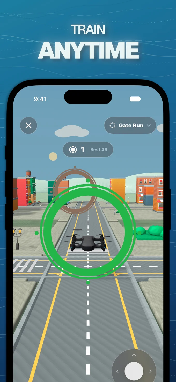 Train anytime: a drone flying through colorful gates in Flyby's Gate Run experience