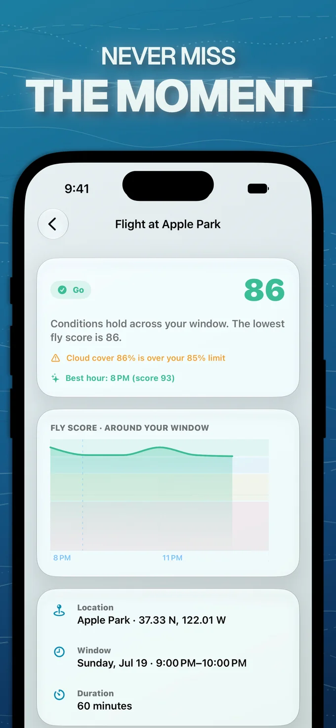 Never miss the moment: a planned flight at Apple Park with a Fly Score of 86 and forecast details