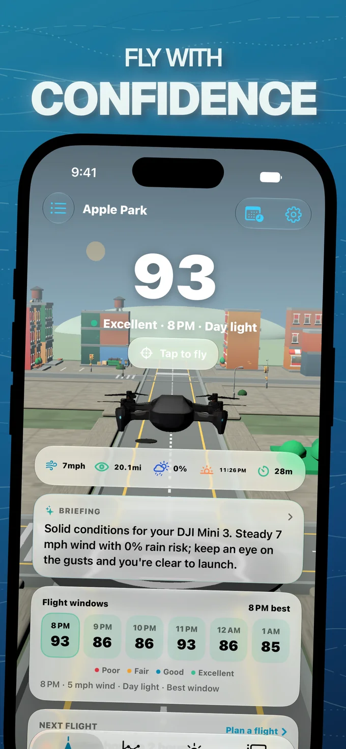Fly with confidence: Flyby's Today view with a Fly Score of 93 and flight windows for Apple Park