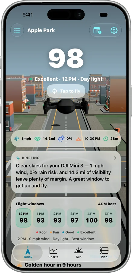 Flyby’s Today dashboard in an iPhone frame with a transparent background