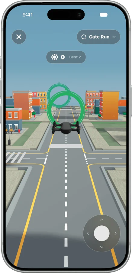 Flyby’s Gate Run simulation in an iPhone frame with a transparent background
