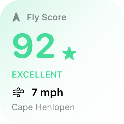 Small Fly Score widget showing a score of 92, excellent conditions, and 7 mph wind at Cape Henlopen