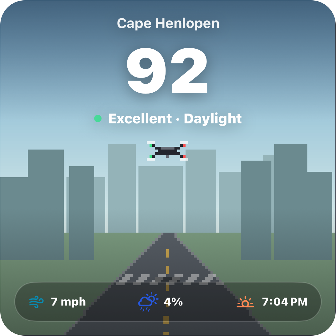 Flyby’s retro city widget with a drone, a Fly Score of 92, wind, rain chance, and sunset time
