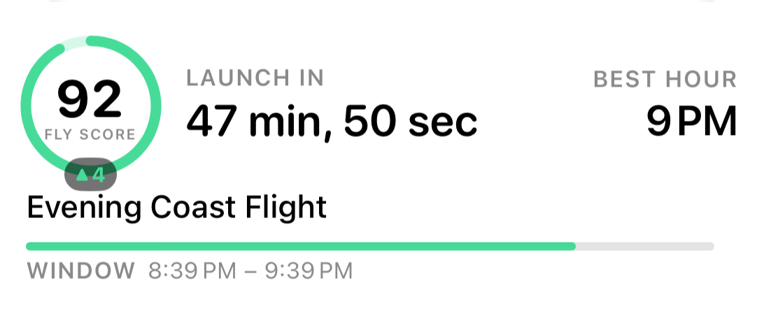 Planned-flight Live Activity showing an Evening Coast Flight, launch countdown, Fly Score, best hour, and flight window